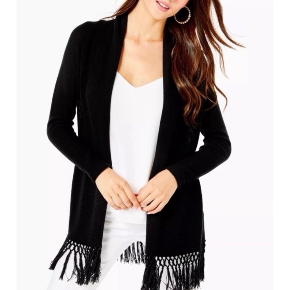 Lilly Pulitzer Tatum Long Fringe Hem Cardigan Black Open Front Knit Cotton L